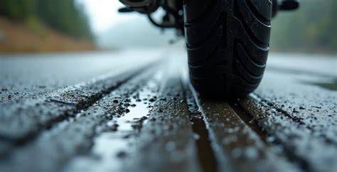 Detailaufnahme eines Motorradreifens auf Asphalt