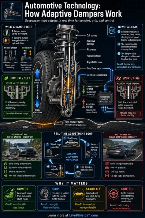 Infographic of a car's adaptive suspension system with sensors and dampers highlighted