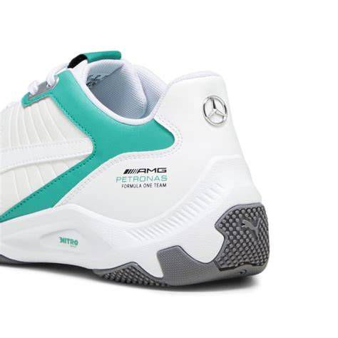 Close-up of the Puma and Mercedes-AMG Petronas branding on the shoe heel