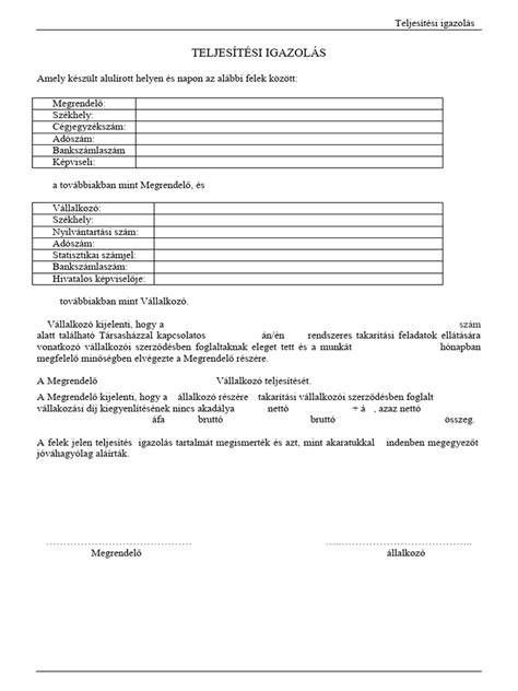 Teljesítési igazolás dokumentum sablonja és aláírási folyamata