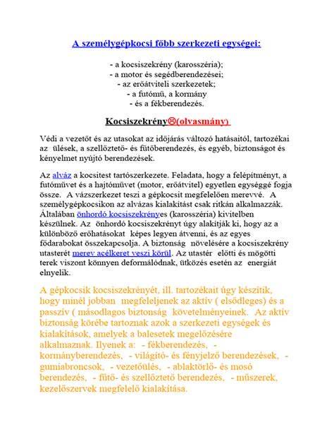 A személygépkocsi futóműjének főbb alkatrészei és elhelyezkedése