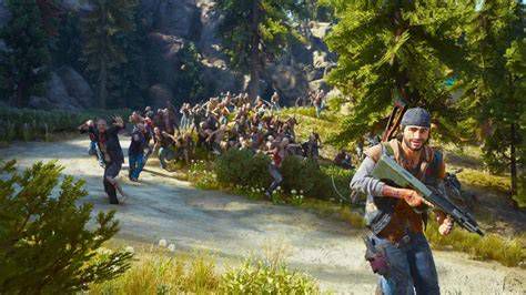 Скриншот из Days Gone с главным героем на мотоцикле в окружении зомби