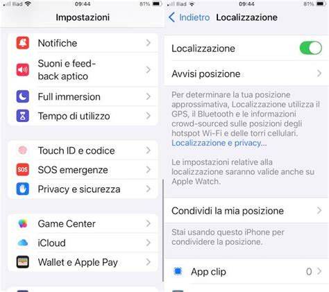 Schermata impostazioni privacy iPhone per la localizzazione