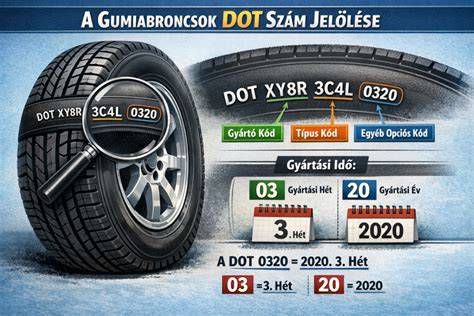 A gumiabroncs kopásának jelei és a DOT szám elhelyezkedése