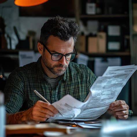 A business owner reviewing financial documents related to an operating lease agreement.
